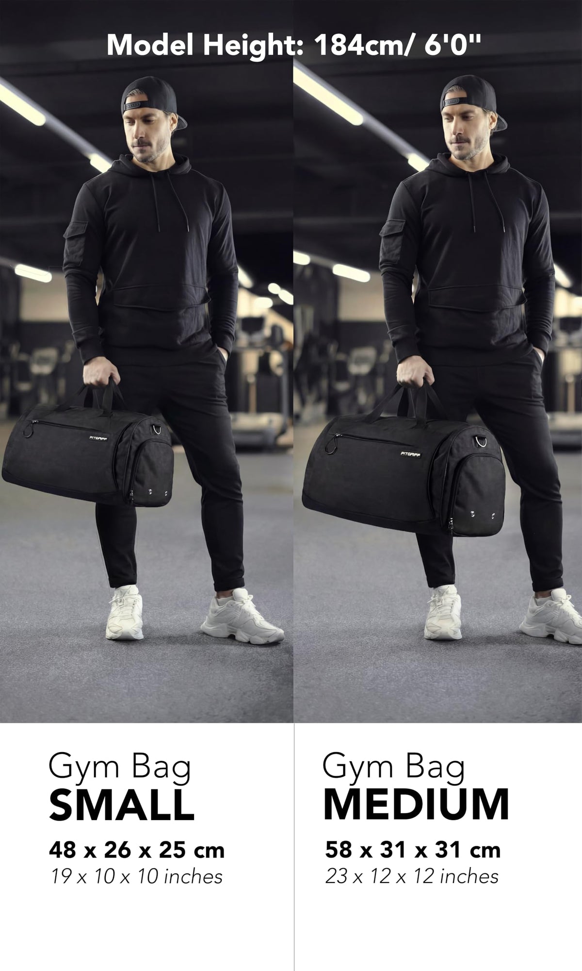 Fitgriff® Gym Bag for Men & Women with Shoe & Wet Compartment - Duffle Bag for Travel, Sports, Fitness & Workout (Full Black, 19 x 10 x 10″ (Small))
