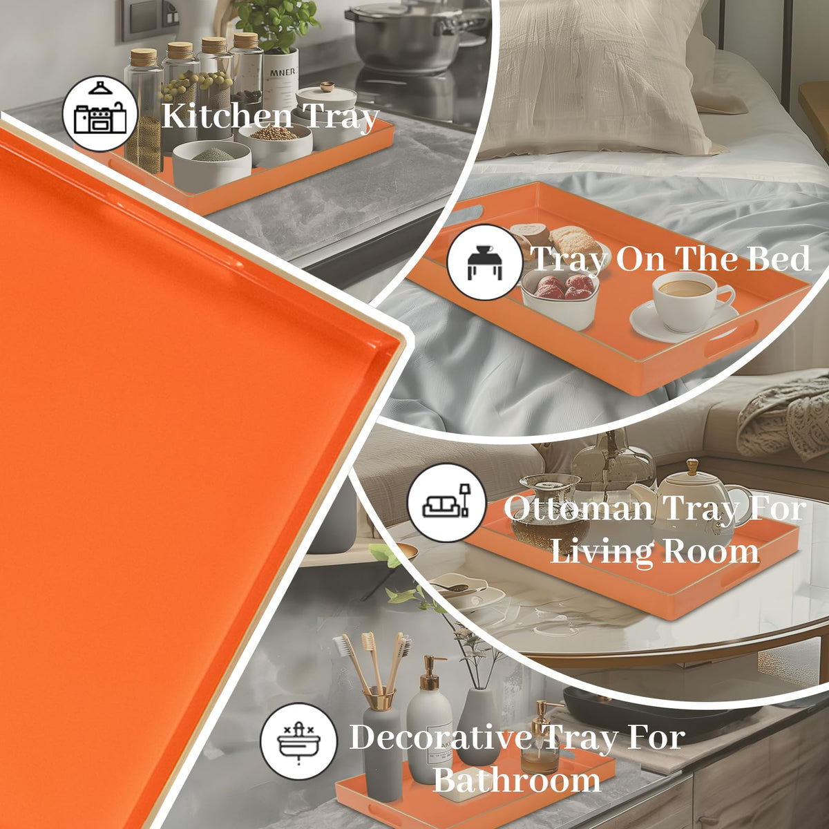 MAONAME Orange Serving Tray with Handles, Modern Decorative Trays for Coffee Table, Plastic Rectangular Trays for Ottoman, Bathroom, Halloween Decor, 15.8” x 10.2” x 1.4"