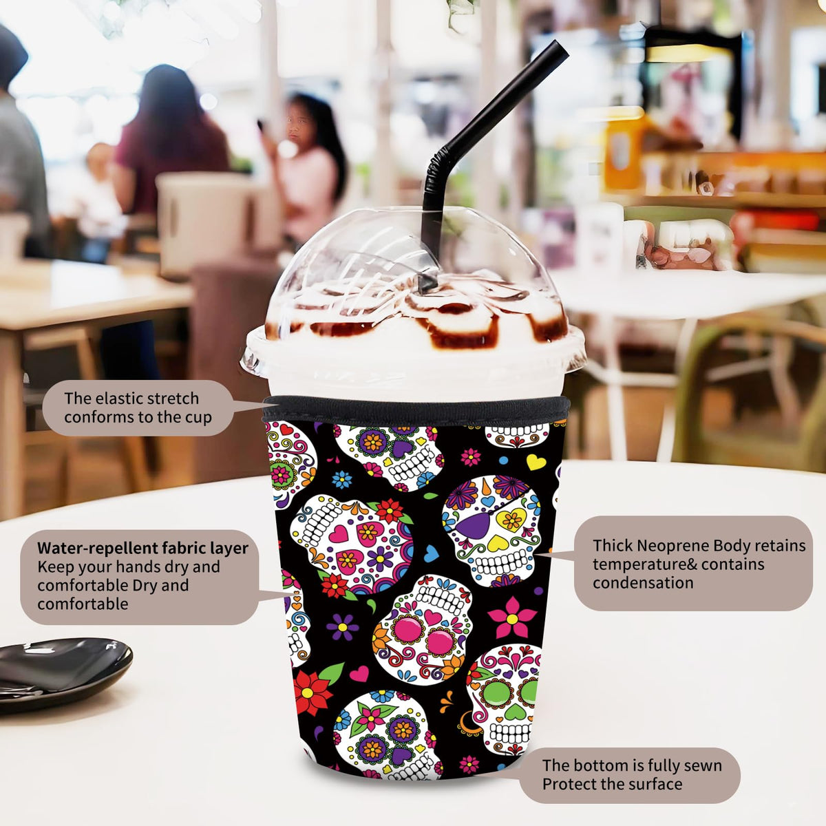 AUEKLLW 3 Pack Reusable Neoprene Insulator Sleeve for Iced Coffee Cups, Funny Coffee Cup Sleeves for 16-32oz Coffee cups, Cute Drink Sleeve for Cold Hot Beverages Cute Floral Skull