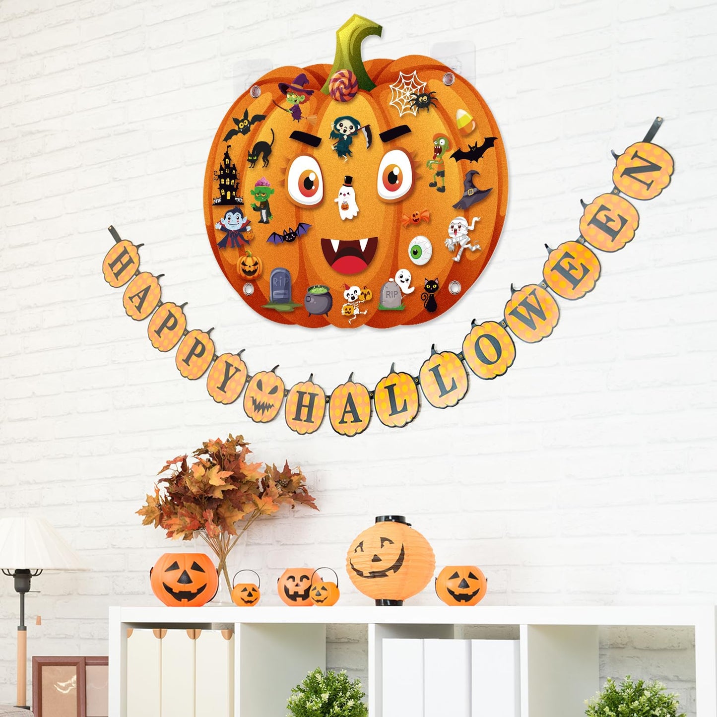 WovWeave 2.79ft DIY Felt Halloween Pumpkin Hanging Decor with 44 Pcs Ornaments Felt Pumpkin Witch Bat Kits with Hooks for Halloween Party Favor Gifts Home Wall Hanging Decorations Fun Activity