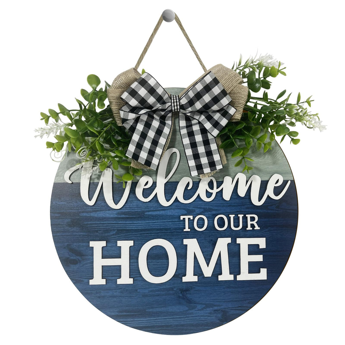 VPDTVK Welcome Sign for Front Door, Rustic Welcome Door Sign Outdoor Wreaths Decor for Spring Summer Autumn and Winter All Seasons Holiday Halloween Christmas(Blue)