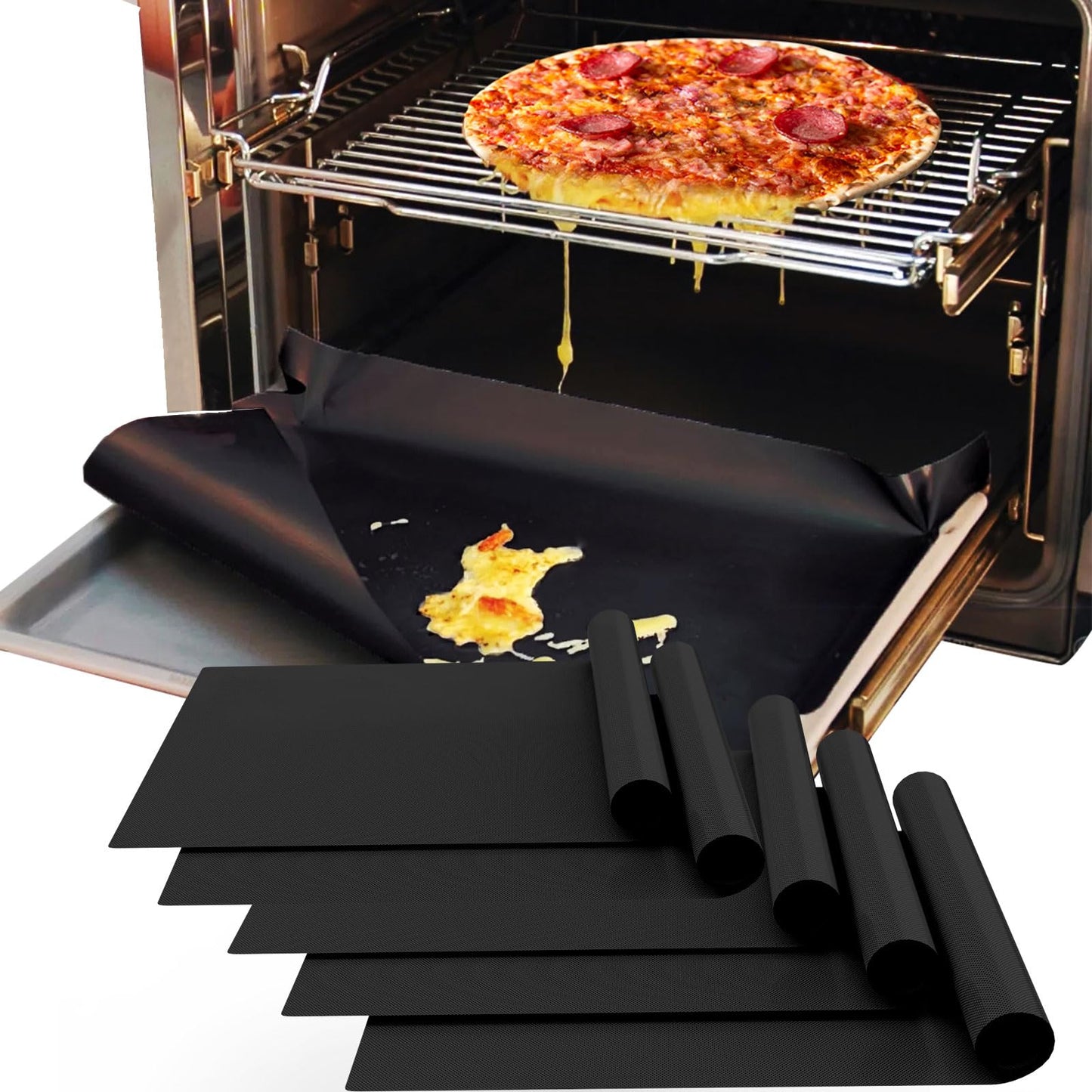 Oven Liners for Bottom of Oven, 16x24 inch Thick Heavy Duty Non Stick Teflon Oven Mats, BPA and PFOA Free Reusable Oven Liners for Bottom of Electric Oven (5 Pack)