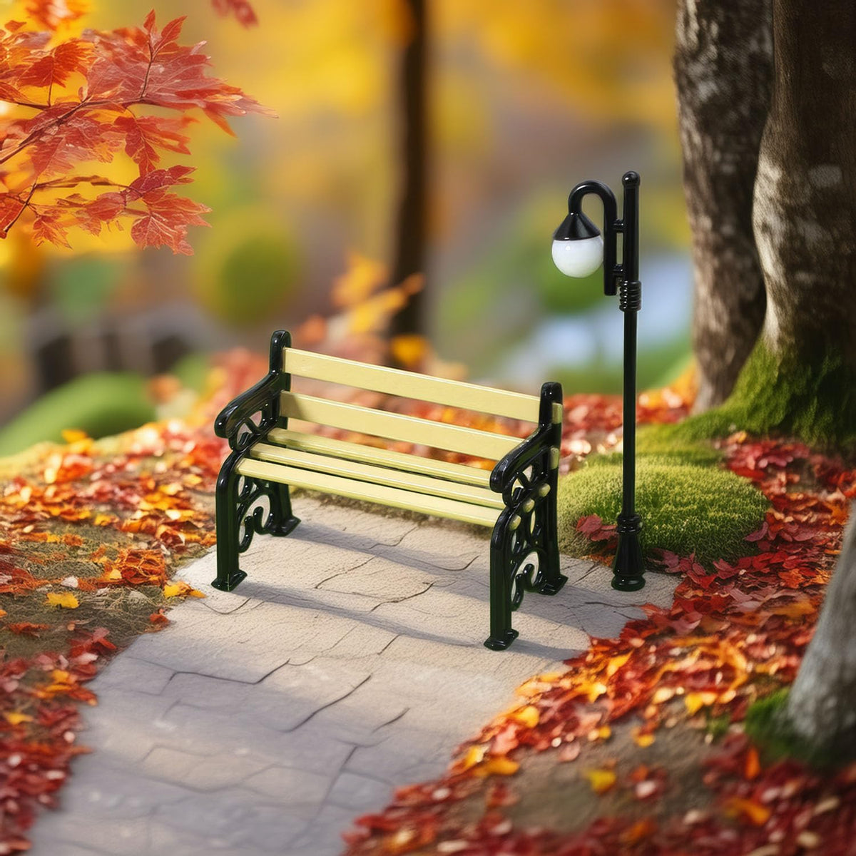 Miniature Lamppost & Bench Set (1:24 Scale): Metal & Wood Outdoor Scene Accessories for Dollhouse Garden, Park Decor, Adult Collector