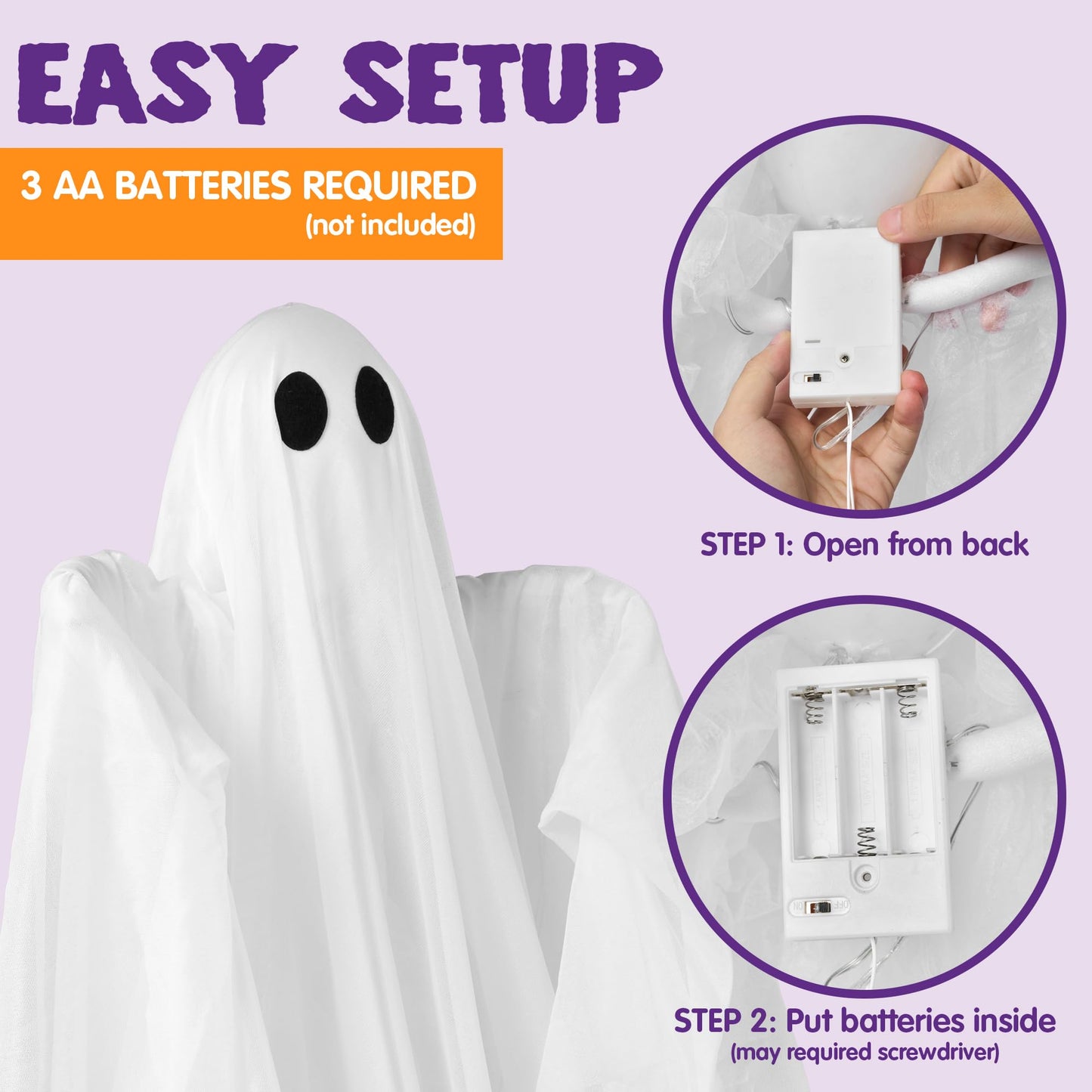 JOYIN Halloween Hanging Light up Ghost, 47” White Ghosts with Warm White LED Light and Timer Halloween Hanging Decoration Waterproof for Front Yard Patio Lawn Garden Party Decor Indoor Outdoor