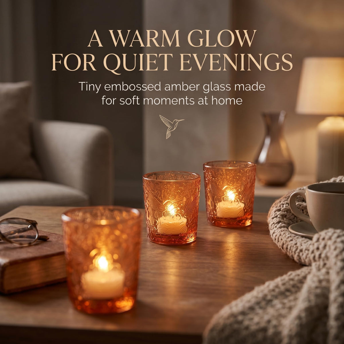 12 Pack Hummingbird Embossed Glass Candle Holders – Votive Tealight Holders with Patent Design, Decorative Embossed Glass Cups for Wedding Centerpieces, Parties, and Home Décor (Pumpkin Spice)