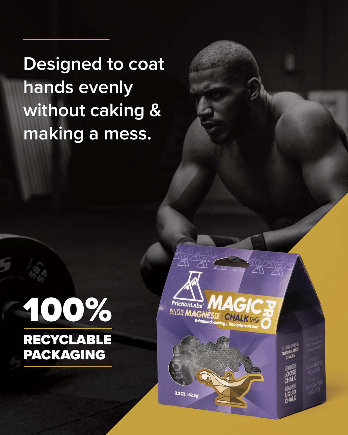 Friction Labs Magic Pro Chalk Sphere 2.2oz - Premium Moisture-Wicking Chalk Ball for Rock Climbing, Weight Lifting, Gymnastics, & Bowling - Mess Free Gym Chalk with Easy to Refill Sock