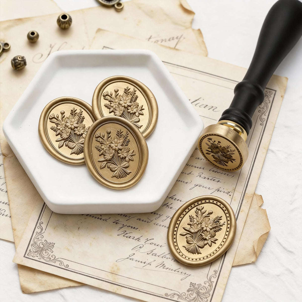 UNIQOOO 3D Relief Wax Seal Stamp, Vintage Frame Bouquet Botanical Brass Head with Wood Handle, Aesthetic Floral Sealer for Wedding Invitations, DIY, Gift Wrapping, Envelopes, Christmas Cards