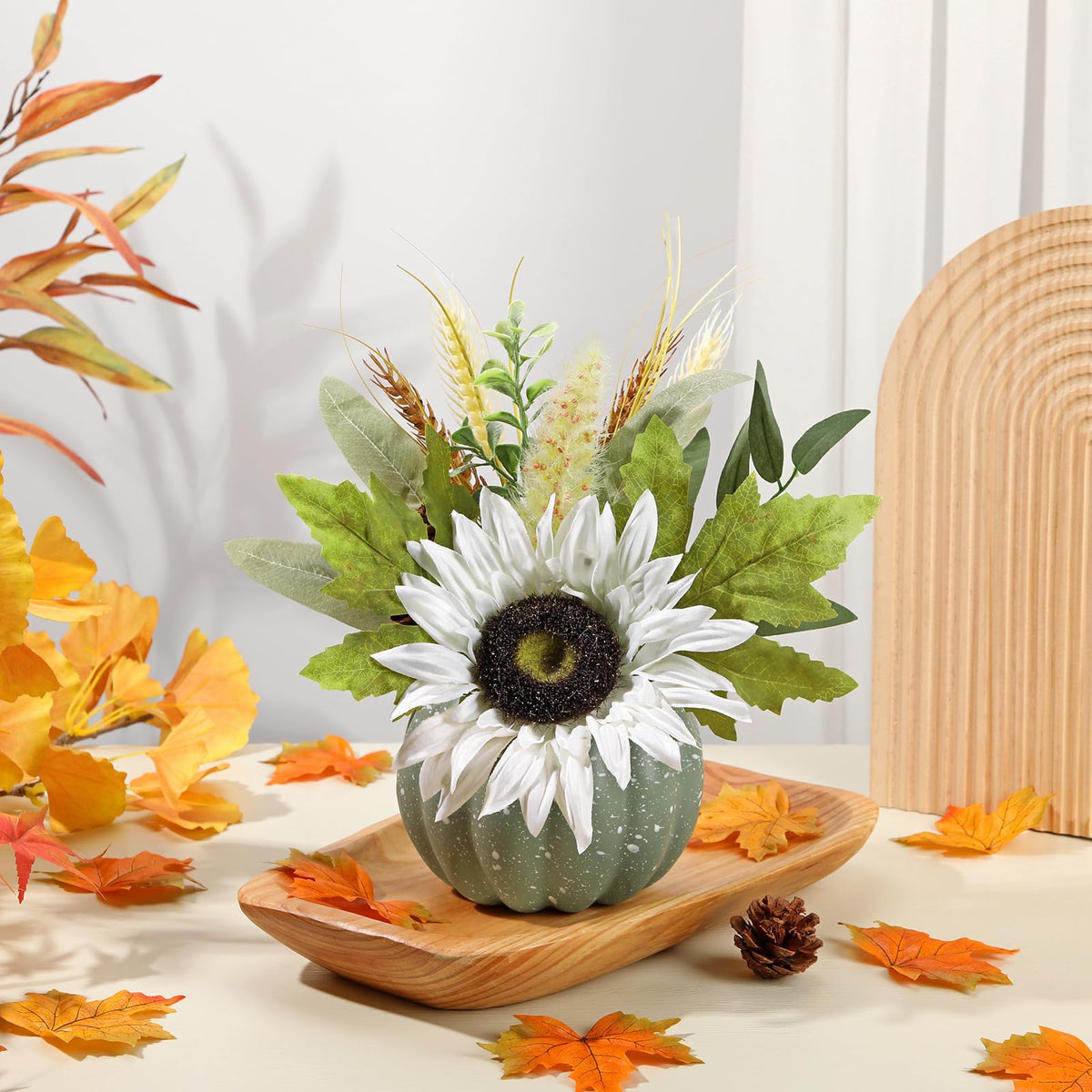 Artificial Pumpkin Floral Arrangement with White Sunflowers & Autumn Leaves – Fall Table Centerpiece for Thanksgiving, Halloween & Harvest Décor – Rustic Farmhouse Pumpkin Autumn Décor