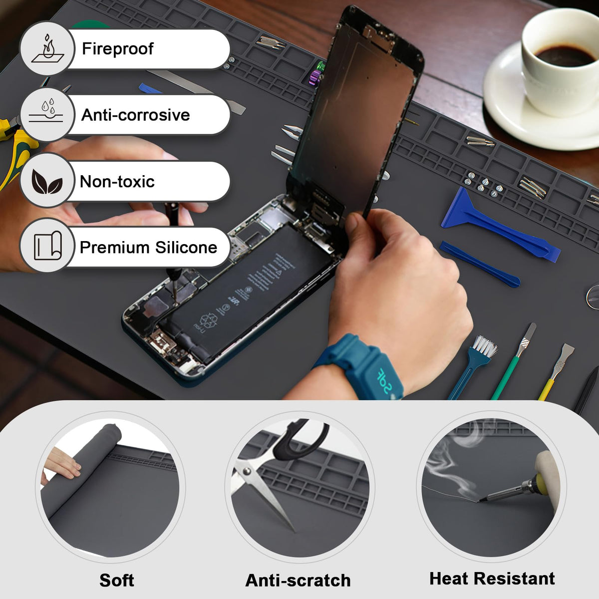 Extra Large Soldering Mat, 27.6''x15.7'' Oversized 932°F Heat Resistant Silicone Workbench Mat, Large Repair Mat for Electronics Phone Laptop Repair, BGA Soldering Gun Iron (Grey)