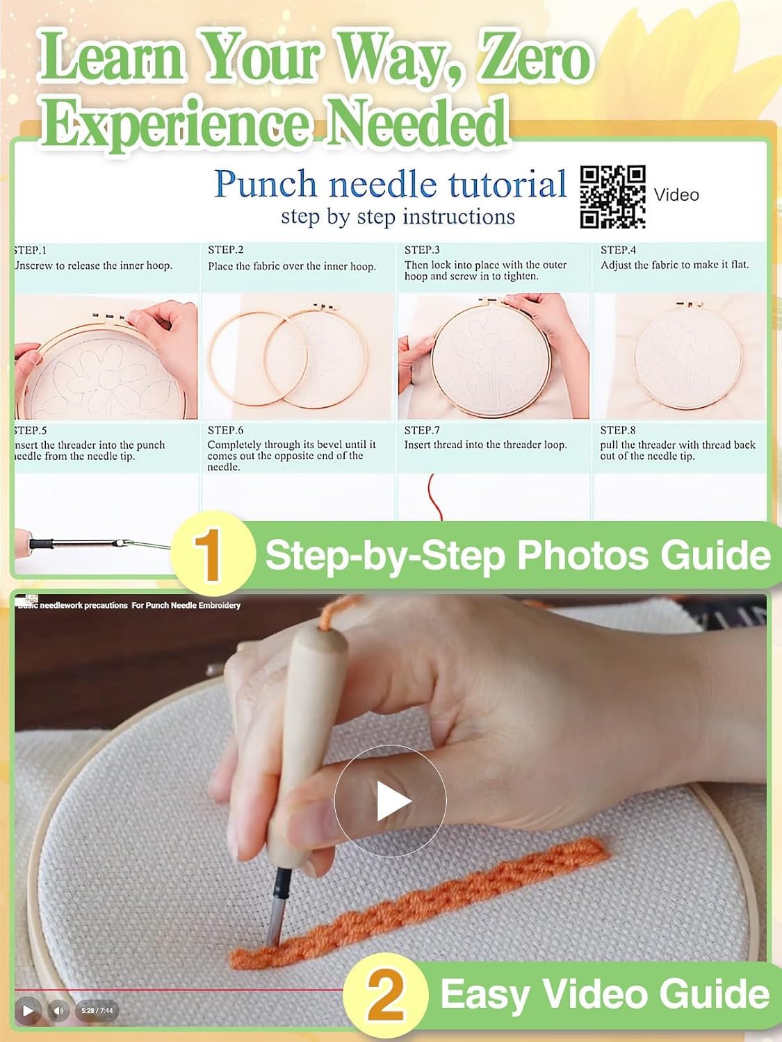 Punch Needle Kit Adults Beginner - Step-by-Step Video & Guide, Includes Hoop/Needle/Yarns/Punch Needle Fabric with Pattern, Spring Embroidery Craft Gifts for Women, Sunflower