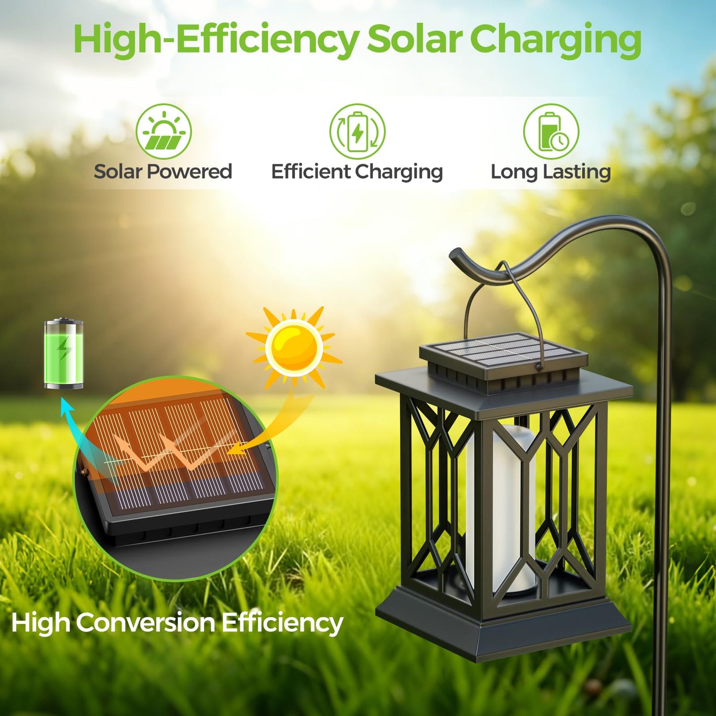 BOBKID 2 Pack Solar Lanterns Outdoor Waterproof, Flickering Flame Outdoor Lights, Hanging Solar Lantern Lamps Decorative, Solar Powered Lighting for Outside Garden Yard Patio Path Tree Decor
