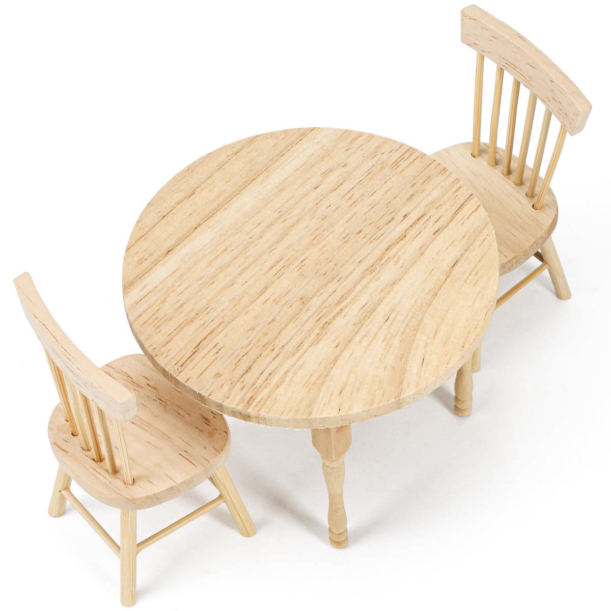 1/12 Miniature Dollhouse Round Table and 2 Chairs Dining Set, Mini Wooden Unpainted Burlywood Barbie Kitchen Furniture Accessories