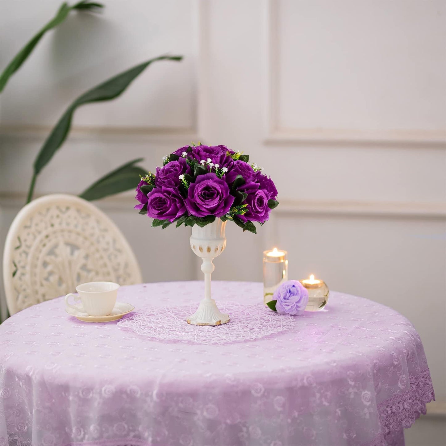 BLOSMON Flower Balls Wedding Rose Centerpieces: 2 Pcs Fake Flowers with Base White Kissing Balls Decor White Artificial Floral Arrangements Flower Bouquet of Roses Home Party Table DIY Decorations