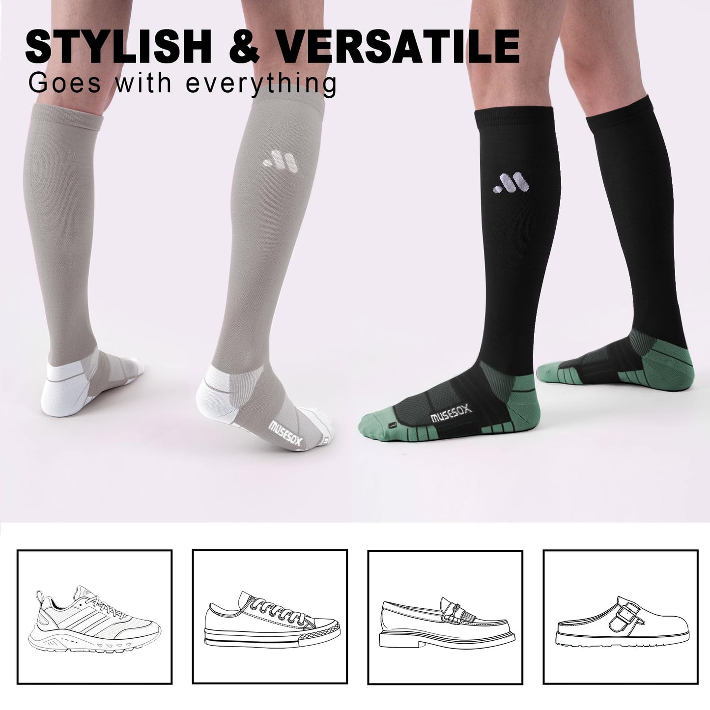 musesox Compression Socks for Women and Men,Knee High 15-20mmHg Graduated Support(3 Pairs) for Nurses,Travel,Black Gray Green,Medium