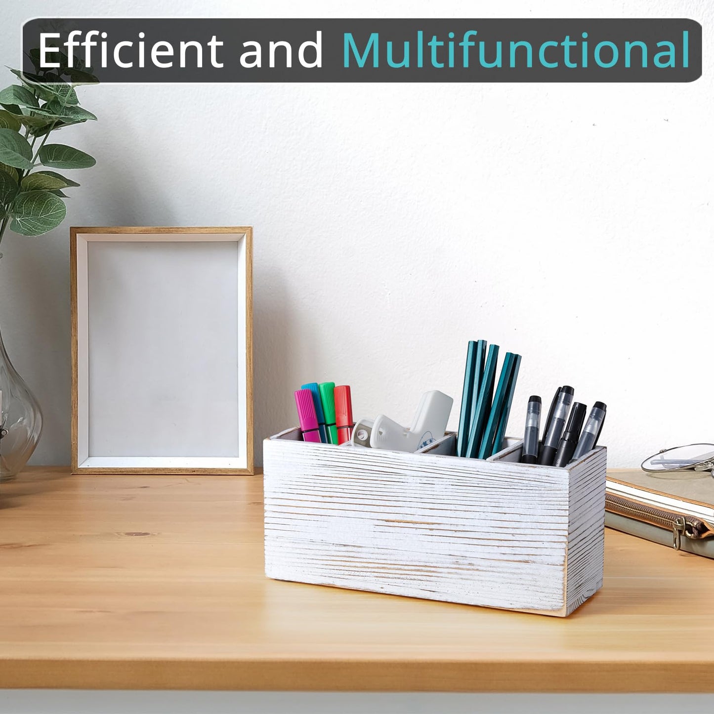Pencil Pen Holder for Desk, White Washed Wood Office Desk Organizers and Accessories with 4 Slots for Countertop, Makeup Brush Holder Organizer for Bathroom Vanity, Silverware Caddy for Party