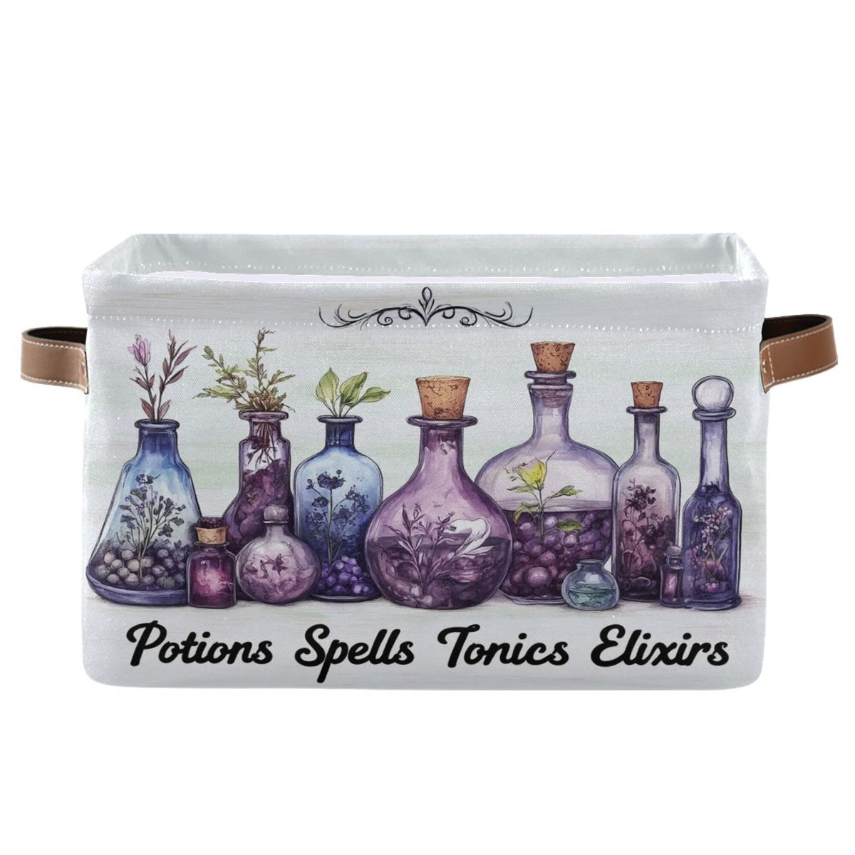 Halloween Witch Potions Storage Basket with Waterproof Liner and PU Handles Purple Herb Spooky Storage Bins Boxes 14.2" Collapsible Decorative Organizer Baskets for Bedroom Closet Office 1 Pack