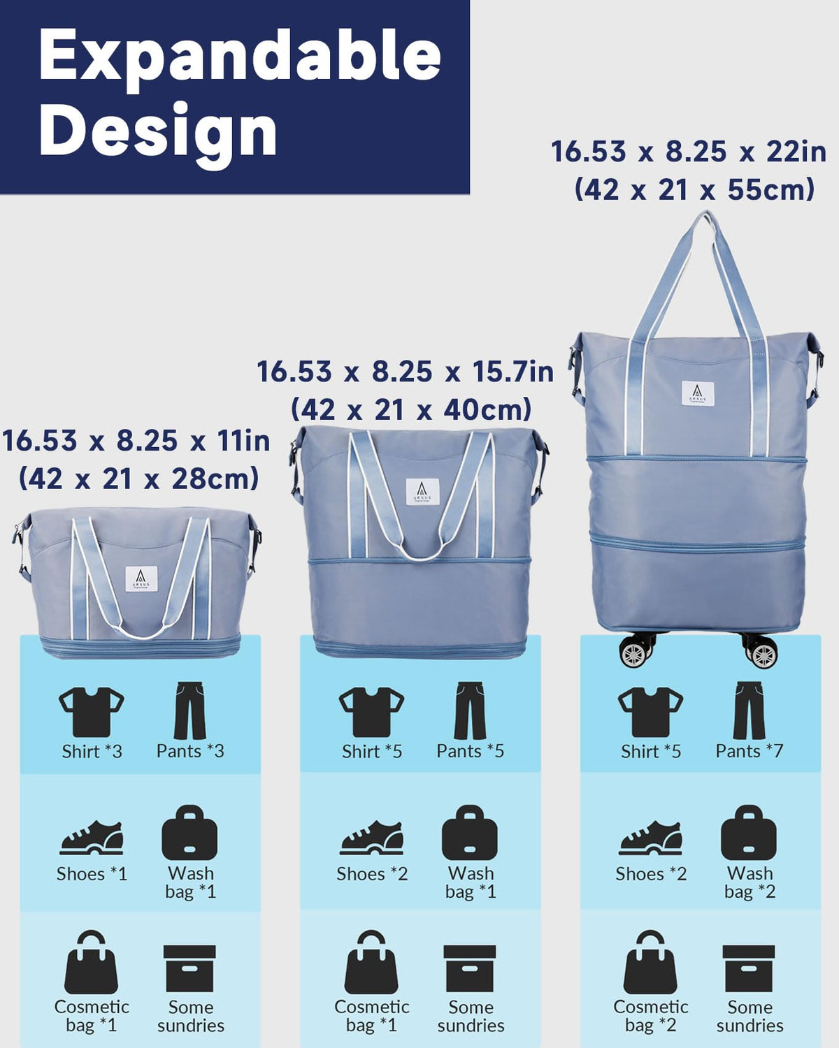 Arxus Rolling Duffle Bag with Detachable Wheels and Adjustable Shoulder Strap, Large Expandable Foldable Carry On Luggage Bag with Handle and Suitcase Sleeve, Weekender Bag for Travel Airplane 25L-55L