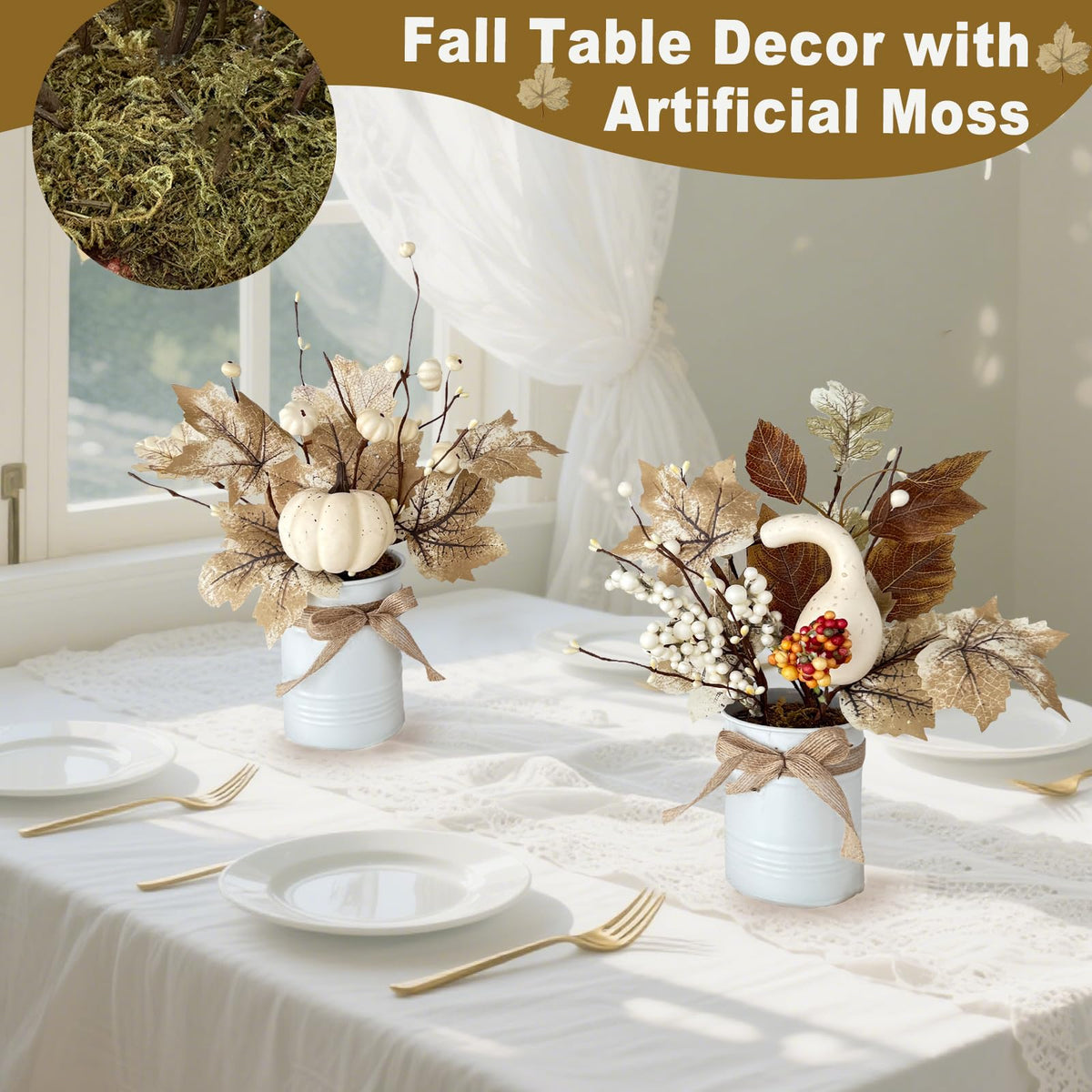 2 Pack 12" Fall Decorations Fall Centerpieces for Tables Potted White Maple Arrangement in Metal Pot White Pumpkin Berried Autumn Thanksgiving Decorations for Home Table Kitchen Office Farmhouse Decor