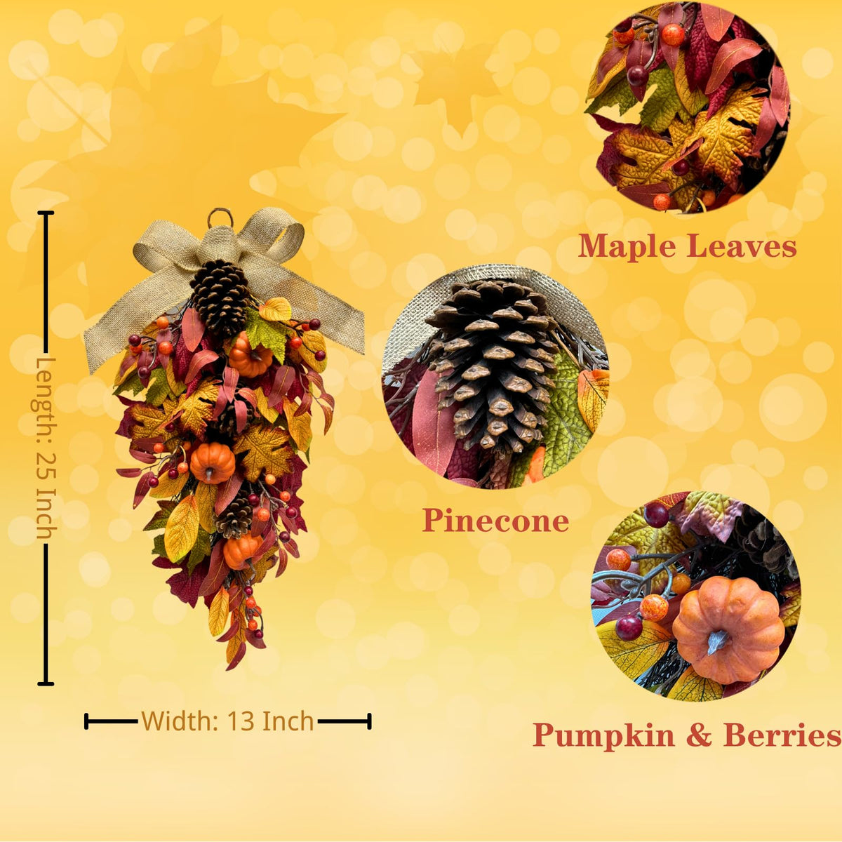 Svndlyn Harvest Teardrop Swag Autumn Floral Swag Wreath with Pumpkin Pine Cones Berries Maple Leaves and Burlap Bow Fall Teardrop Wreath for Home Door Wall Mantel Window Decor