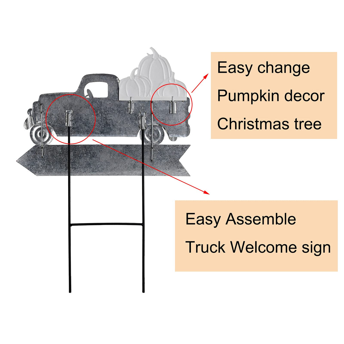 Red Truck Christmas Yard Sign with Interchangeable Christmas Tree Pumpkin Ornament Loads Rustic Metal Pickup Welcome Yard Sign Xmas Outdoor Garden Lawn Stake