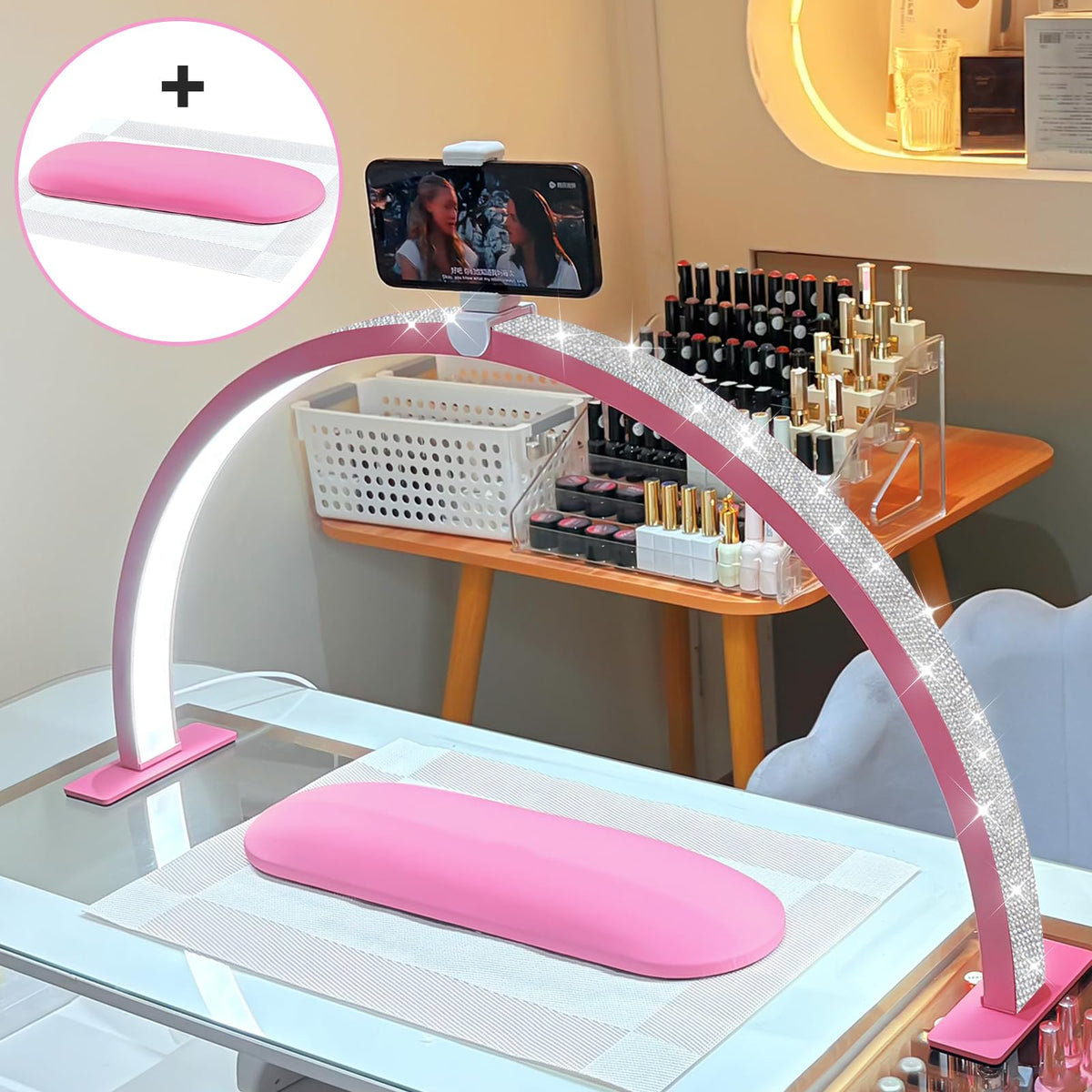 FFKJDM Nail Desk Light, 48W LED, 29-inch Half Moon, Color Temperature 3000K-6000K, Pink