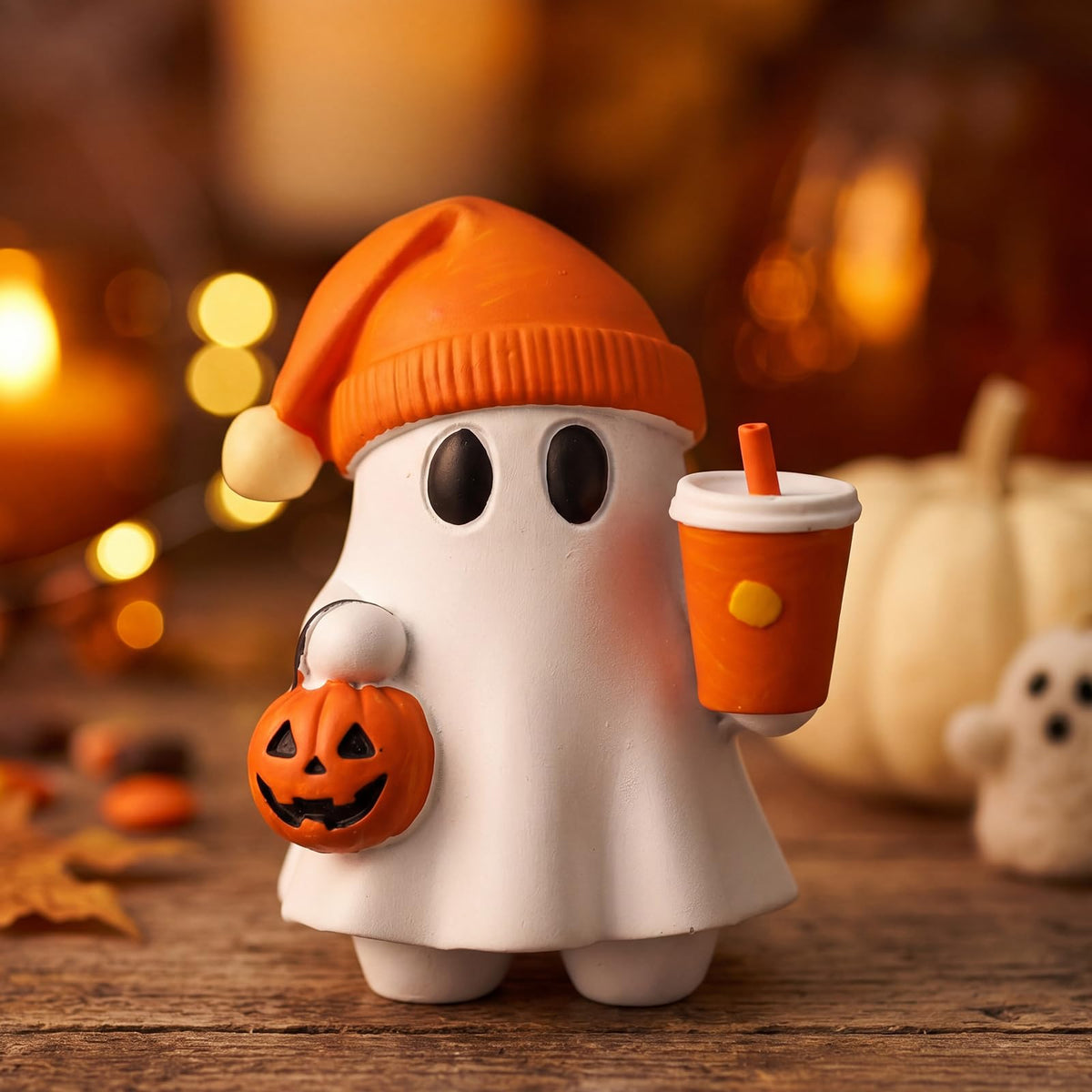 Vicenpal Cute Halloween Ghost Figurine with Pumpkin Bucket and Orange Drink Resin Spooky Tabletop Decor for Home Office Bookshelf Coffee Table Halloween Decoration Gift