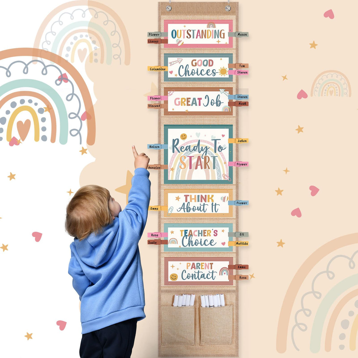 Pasimy 59 Pcs Student Behavior Clip Chart for Classroom Management Kids Track Reward Incentive Behavior Pocket Chart Boho Bulletin Board Teacher Supplies for School Office(Vibrant)