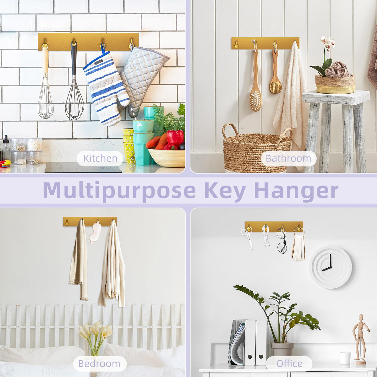 VIS'V Key Holder Wall Mount, Large Adhesive Key Hanger with 4 Hooks, Gold