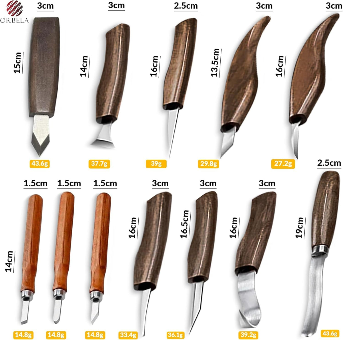 Orbela 16PCS Wood Carving Tools Set Heavy Duty with Leather Roll Bag - Complete Wood Carving Kit for Beginners & Experts, Whittling Knives, Wood Carving Chisels, Sharpening Strop, Gloves Woodworking