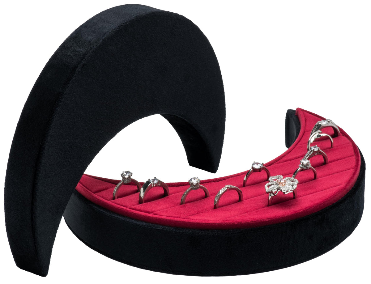 COWFEX Velvet Multiple Ring Box Organizer Display Tray Crescent Moon Shape Jewelry Box Earring Holder Case for Wedding Birthday Christmas Day (Black and Red)