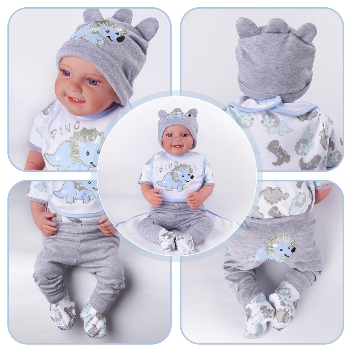 BABESIDE 6 Pcs Reborn Baby Doll Clothes for 17-22 Inch Babydolls, Dinosaurs Pattern Lifelike Reborn Baby Doll Accessories with Hat Bib and Socks for Realistic Baby Dolls Boy & Girl