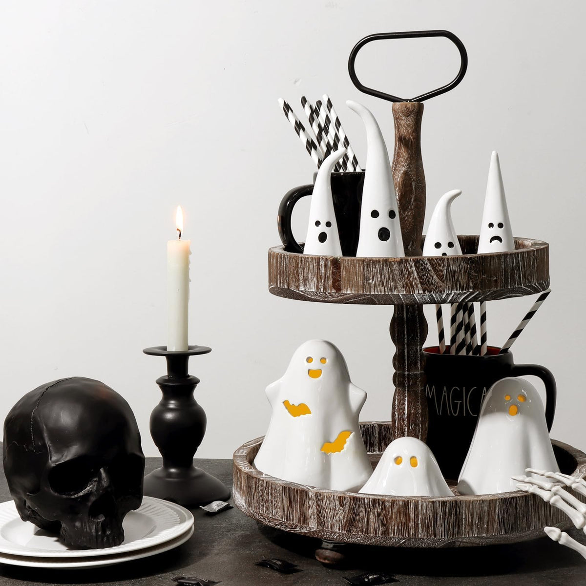 Halloween Decorations Big Ceramic Ghost Figurines: 3ct Spooky Light Up Ghost Decor with LED Lights, Cute Pastel Farmhouse Table Tiered Tray Fireplace Halloween Decor for Kids Home Office Party