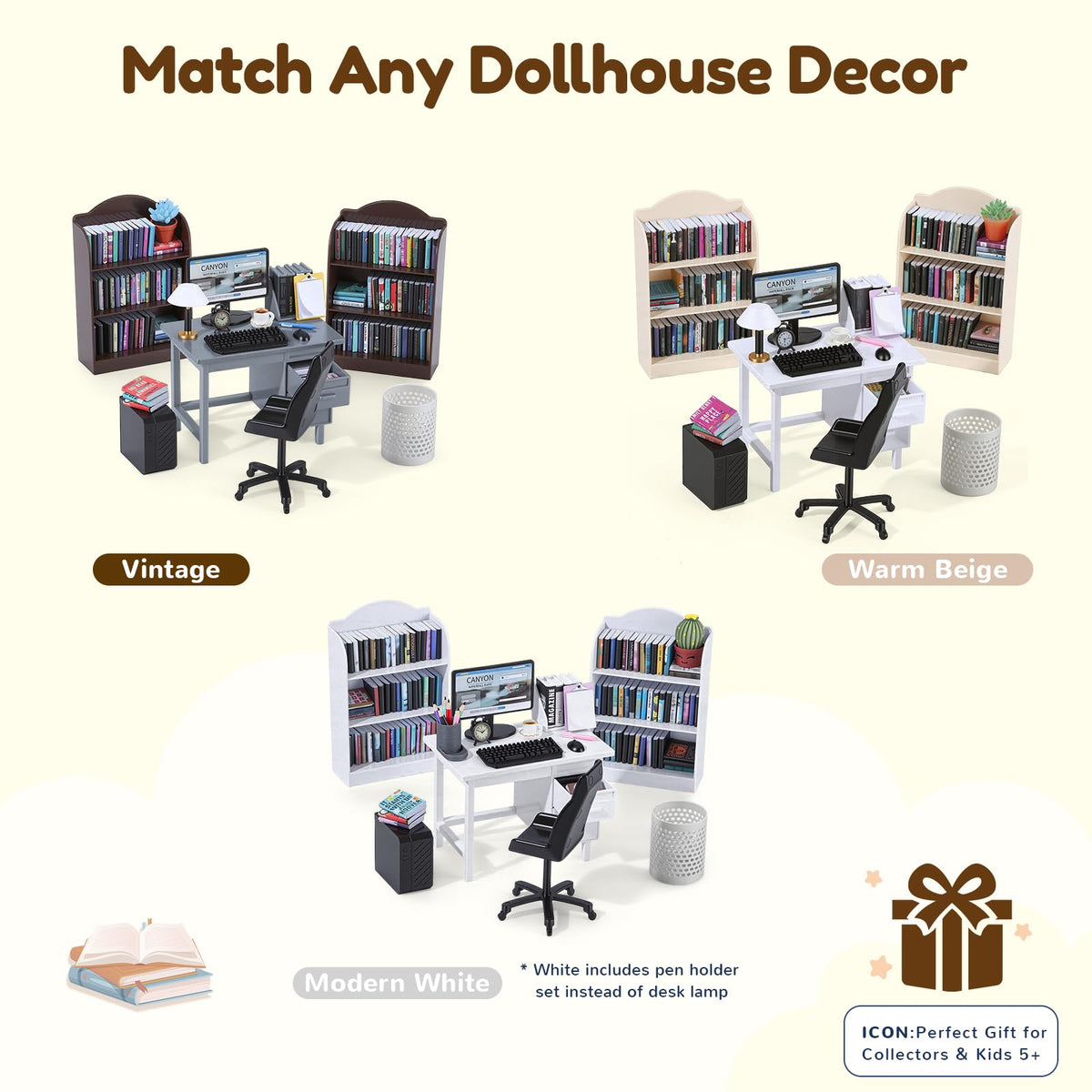 1:12 Scale Mini Desk Set with 100 Mini Books & 2 Bookshelves — Miniature Dollhouse Furniture Set with Office Chair, Computer & 15+ Accessories — Mini Desk Accessories for Doll House Diorama