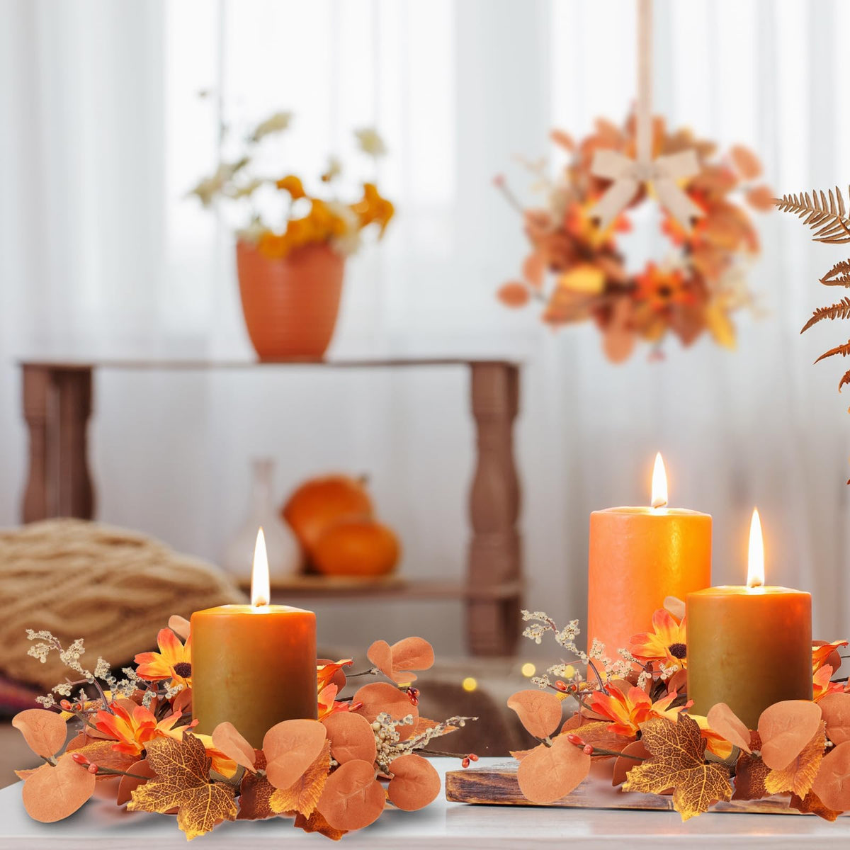 6 Pcs 3 Inch Fall Floral Wreaths Autumn Harvest Sunflowers Pumpkins Leaves Berries Hanging Candle Rings Wreath Mini Thanksgiving Table Centerpiece Wreath for Pillar Cabinets Farmhouse Decoration