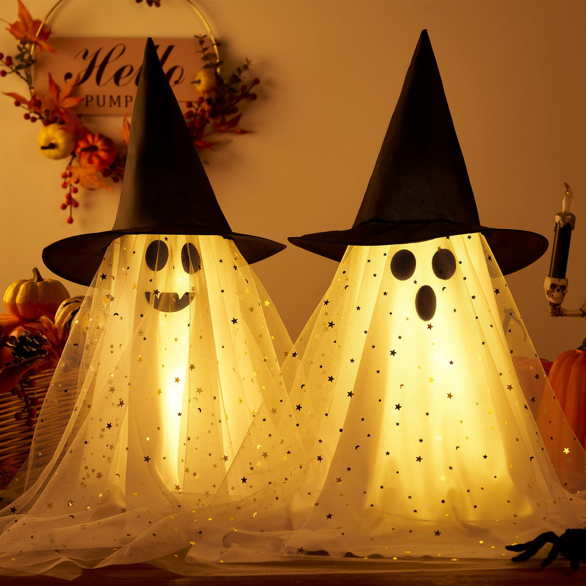 2Pcs Halloween Ghosts Decorations Indoor - Light Up Ghost Crafts with Sequined Netting, Cute Halloween Party Decorations, Spooky Ghost Decor for Home Table Fireplace Kitchen and Office