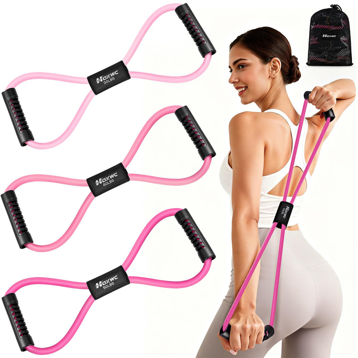 HOXWC Resistance Bands, Figure 8 Exercise Bands for Back, 8 Shaped Resistance Bands for Arms, Shoulder, Leg Stretching, Physical Therapy, Yoga, Pilates, Home Gym Workout Equipment for Women Men