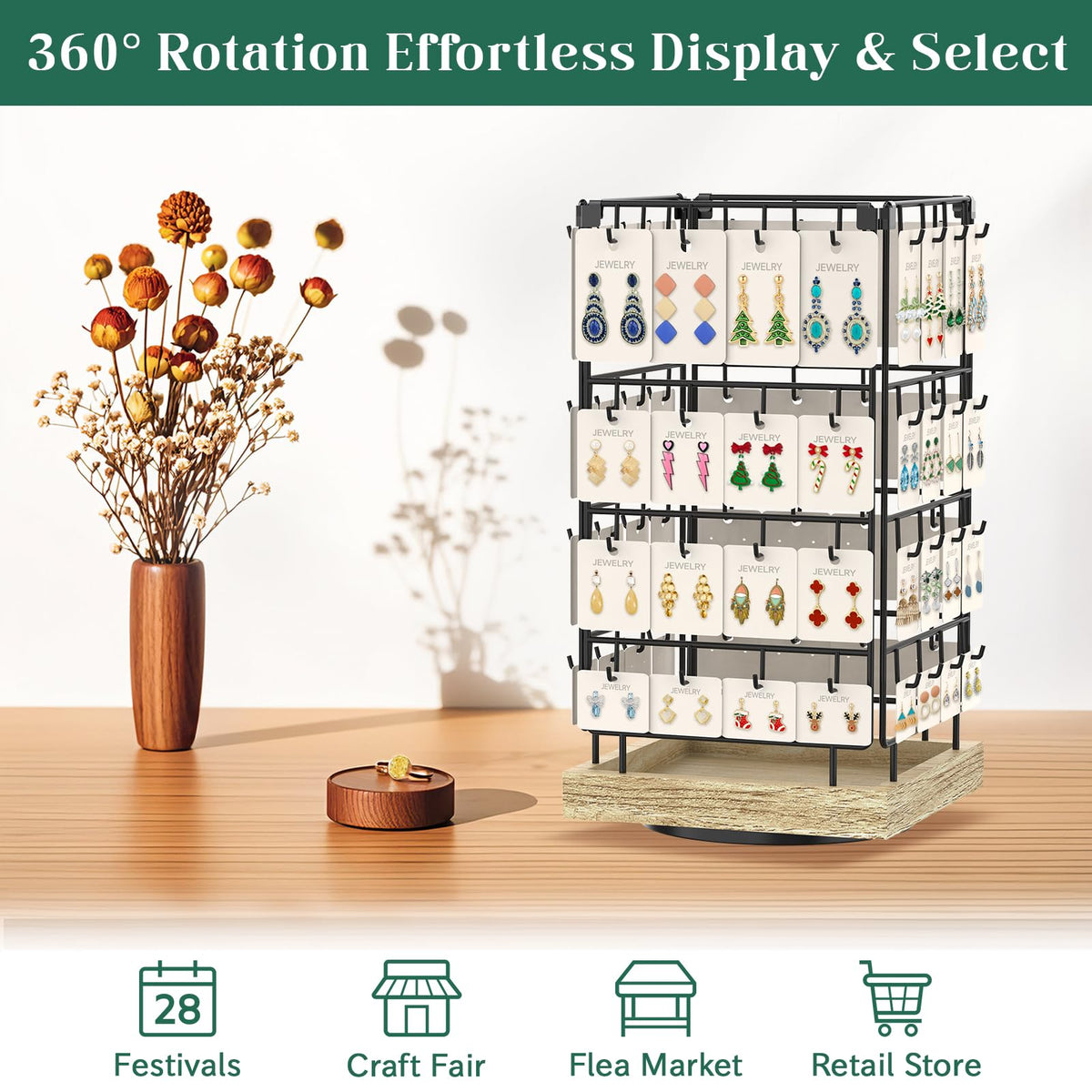 EsLuker.ly Rotating Earring Display Holder Stand for Vendors Events Selling, Large Capacity 64 Hooks Jewelry Rack with Wooden Base for Earring Card Sales, Enhances Retail Display Visibility