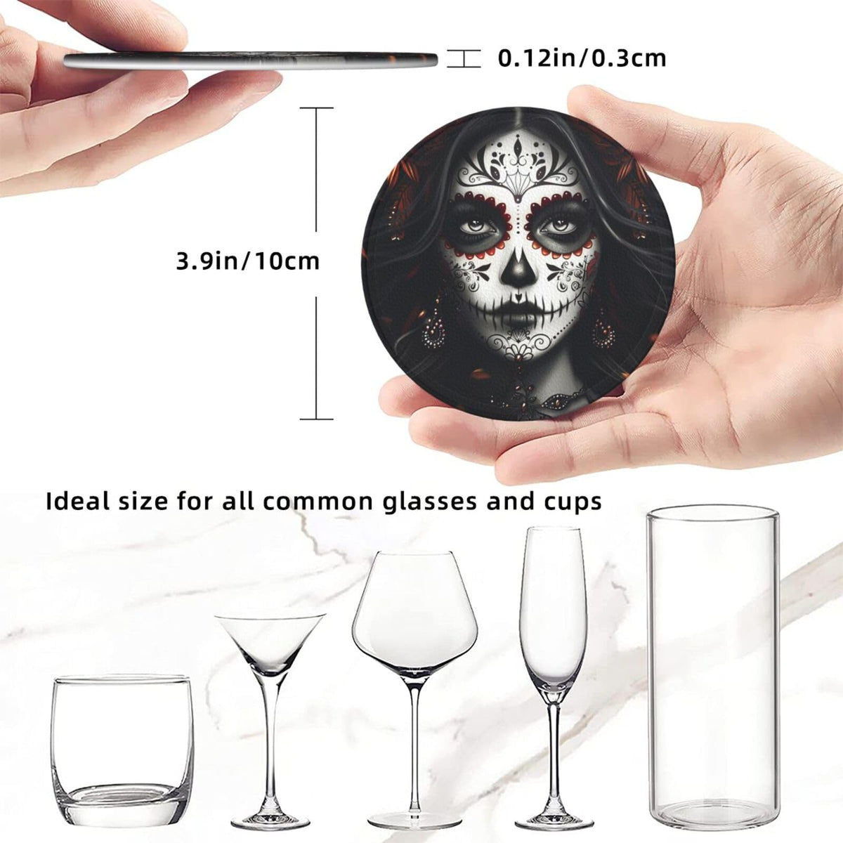 Sugar Skull Coasters with Holder Leather Coasters for Drinks Set of 6 Funny Halloween Drink Coasters Sets for Living Room Kitchen Coffee Bar Holiday Decor