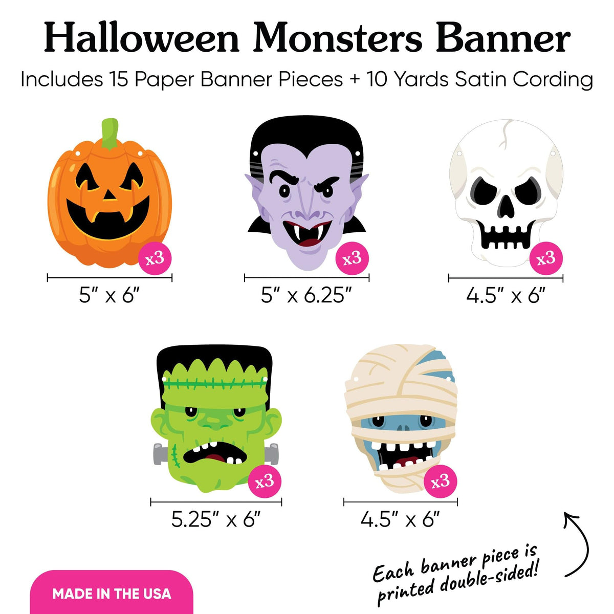 Big Dot of Happiness Halloween Monsters Garland Banner, Spooky Halloween Party Decorations Backdrop, 30 Feet of Cord, 15 Paper Skeleton, Dracula, Frankenstein, Mummy, and Jack-O'-Lantern Shapes