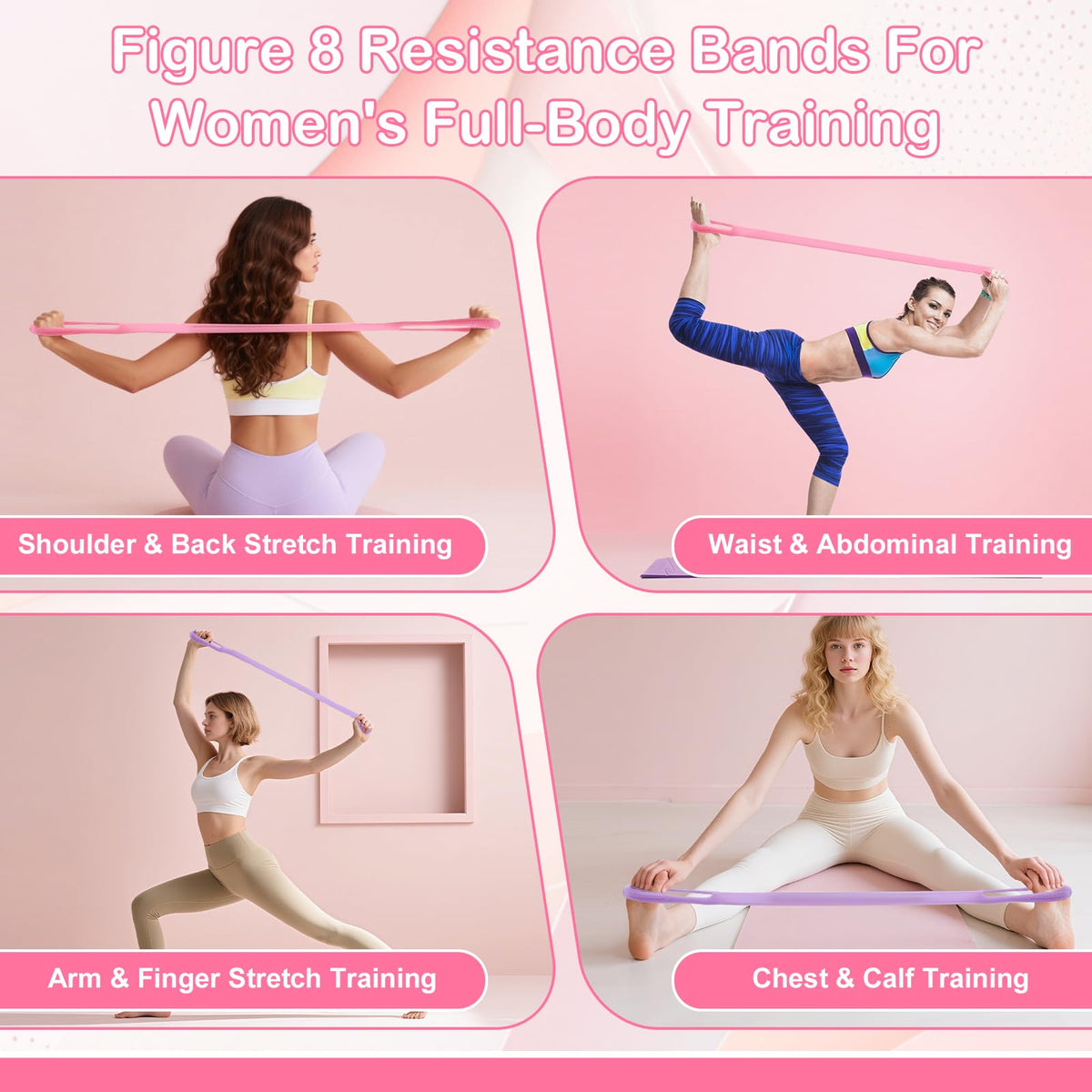 Figure 8 Resistance Bands with Handles, 4-Pack TPE Workout Bands for Women – Arm Back Shoulder Toner, Elastic Exercise Ropes for Home Gym Yoga Pilates Physical Therapy