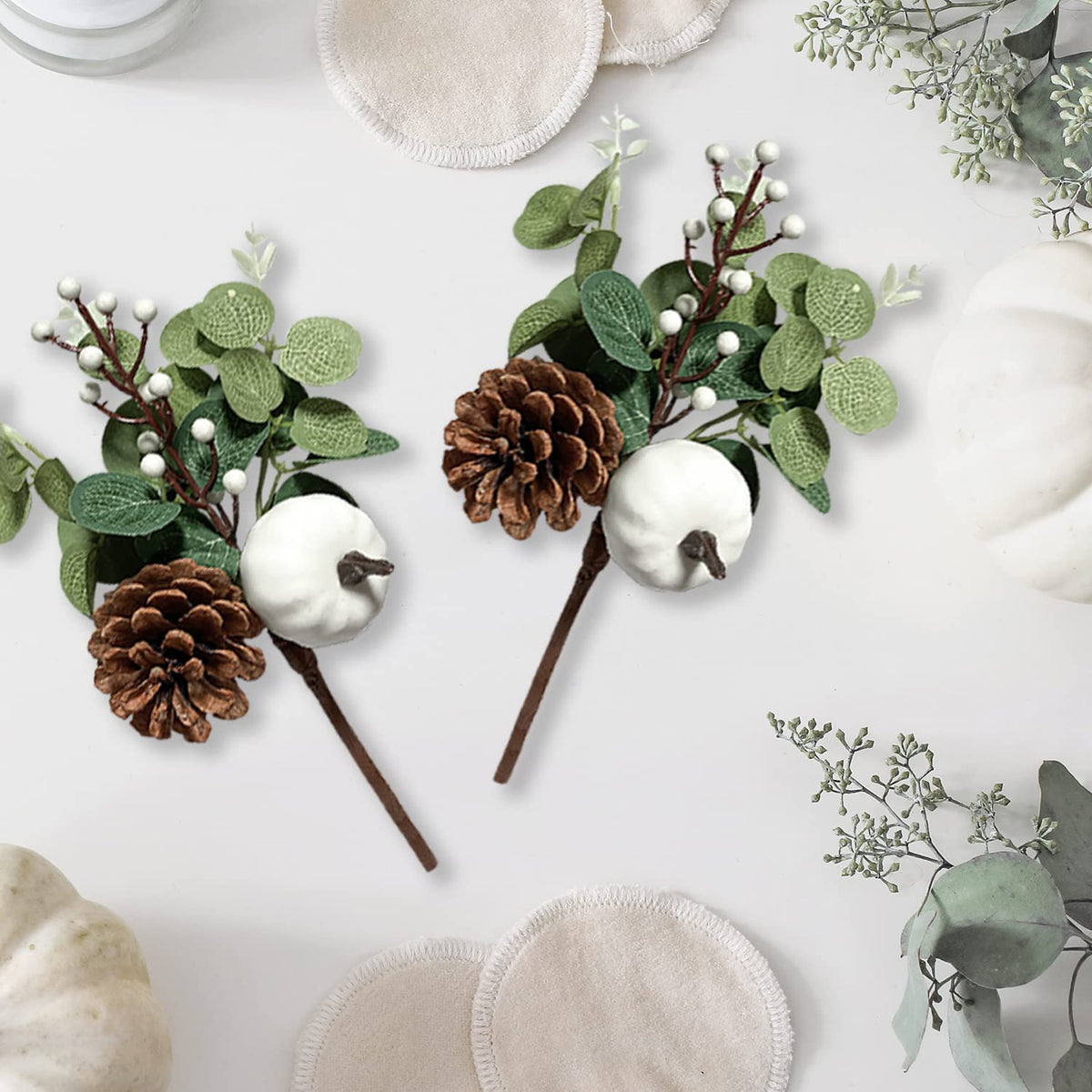 Adurself 12PCS Greenery Stems Artificial Eucalyptus Leaves Fall Picks with White Pumpkin Pinecones for Wedding Table Decor Autumn Thanksgiving Day Flower Arrangements Wreaths Indoor Outdoor Home Decor
