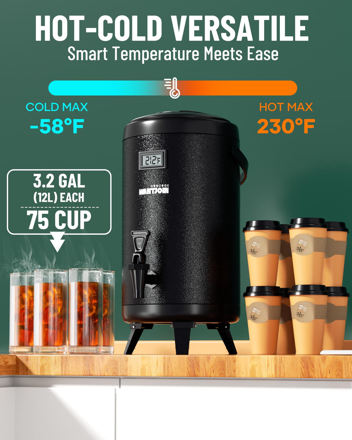 WantJoin Insulated Beverage Dispenser - 1-pack Thermal Hot and Cold Drink Dispenser with Spigot, Stainless Steel Premium 12 L/3.2 Gallon for Coffee & Hot tea,Cold Milk,Water,Juice (Black)
