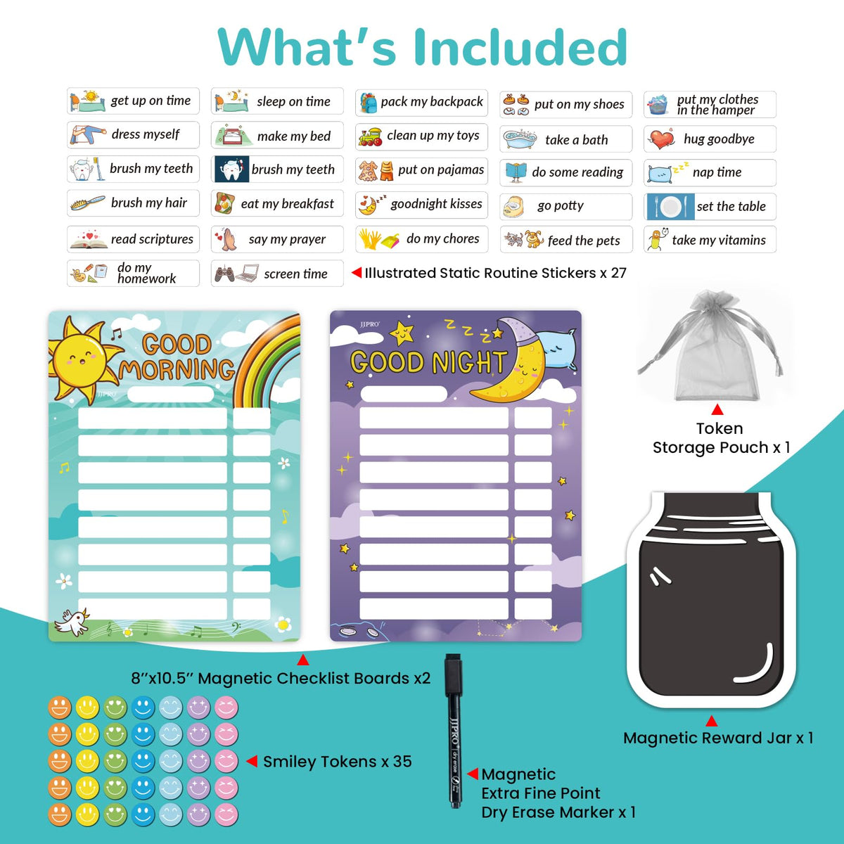 Magnetic Bedtime/Morning Routine Chart &Reward Jar for Kids -Toddler Morning Checklist Board,Daily Reward Routine Chart for Kids,Dry Erase Bedtime Reward Chart,Daily Schedule Chart at Home