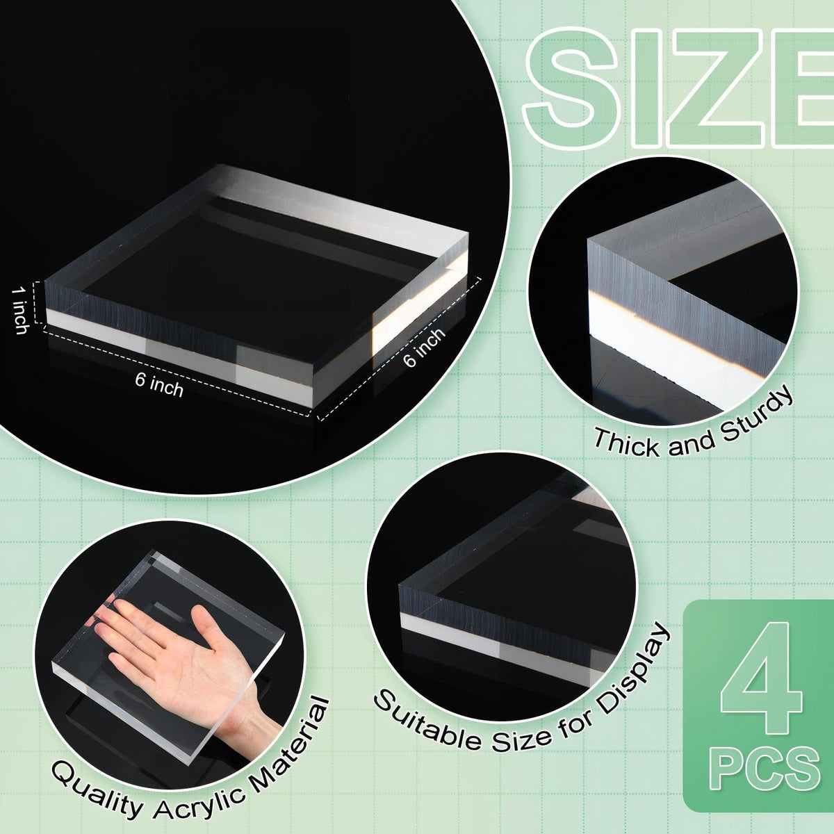 Qunclay 4 Pcs 6 x 6 x 1 Inches Acrylic Square Display Block Clear Polished Acrylic Cubes Jewelry Display Stand for Jewelry Ring Showcase Holder Base Collections