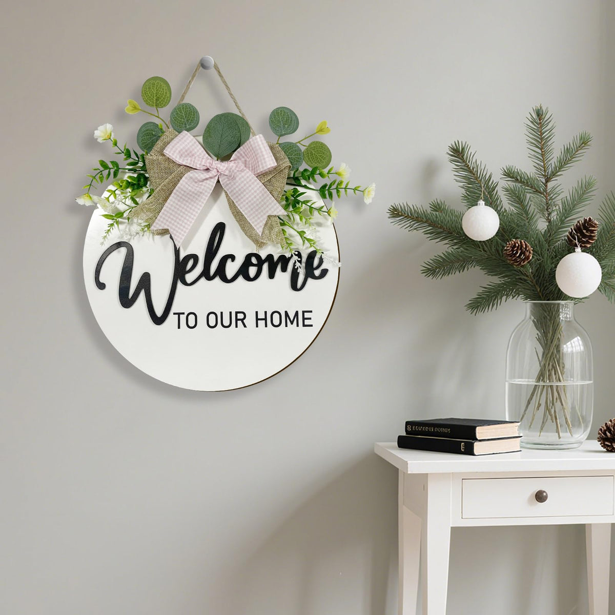 VPDTVK Welcome Sign for Front Door, Rustic Welcome Door Sign Outdoor Wreaths Decor for Spring Summer Autumn and Winter All Seasons Holiday Halloween Christmas(White)