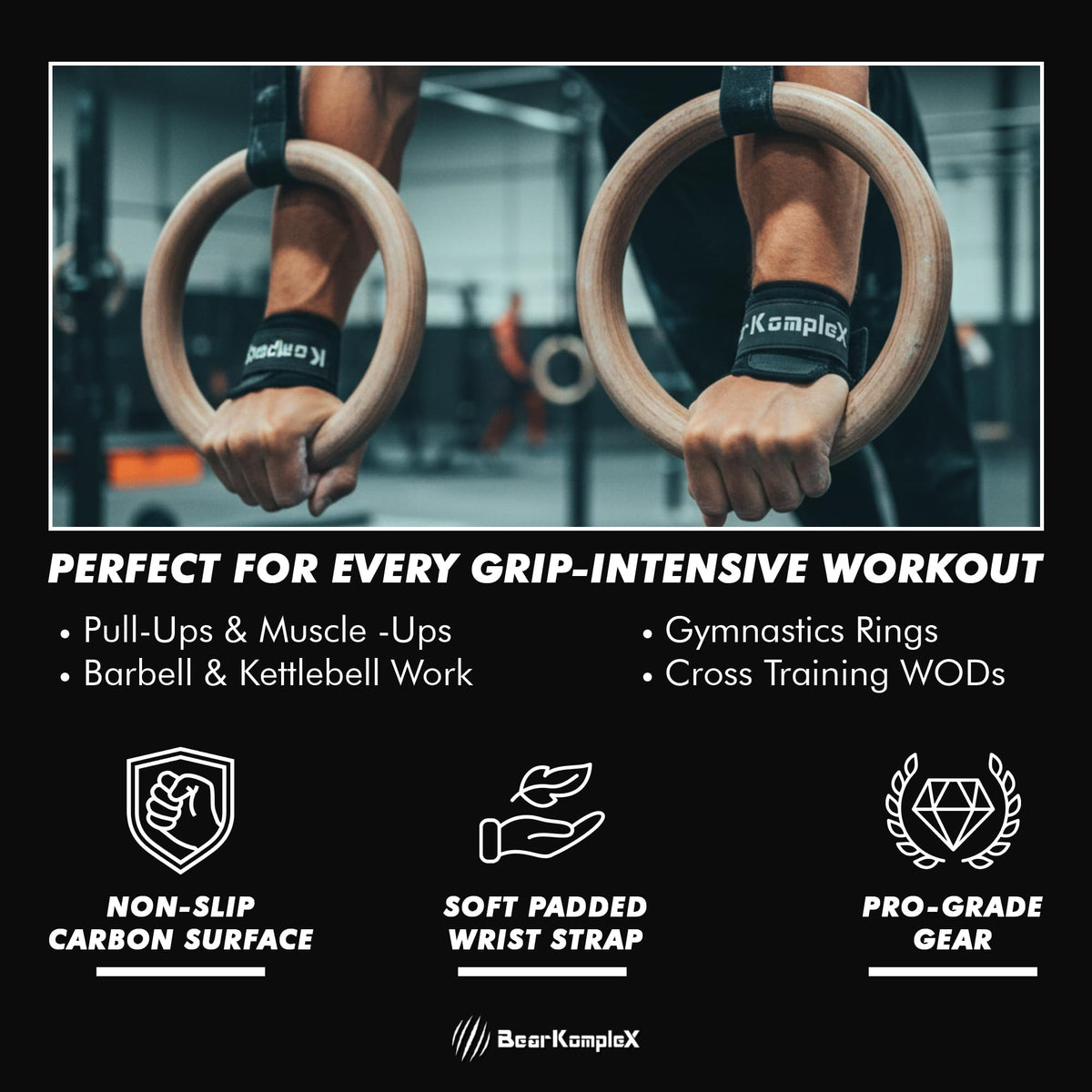 Bear KompleX No Hole Carbon Hand Grips - Non-Slip Fingerless Gymnastics Grips for Weight Lifting, Pull-ups & Cross Training | Lightweight, Padded Wrists & Foldable Grip.