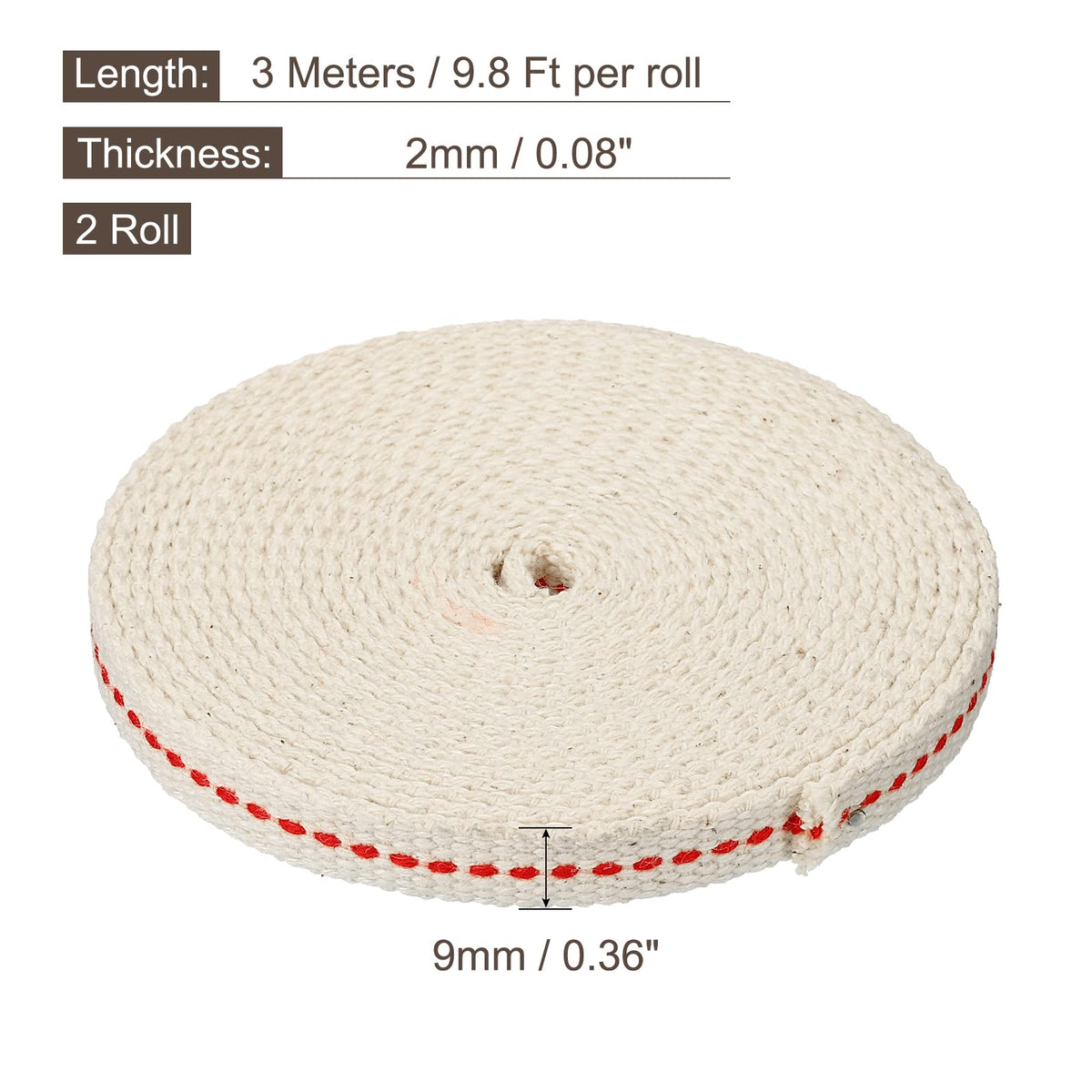 MECCANIXITY Oil Lamp Wick, 0.35 Inch Flat Wide, 10 Ft Cotton with Red Stitch, Model mea220517ee0484