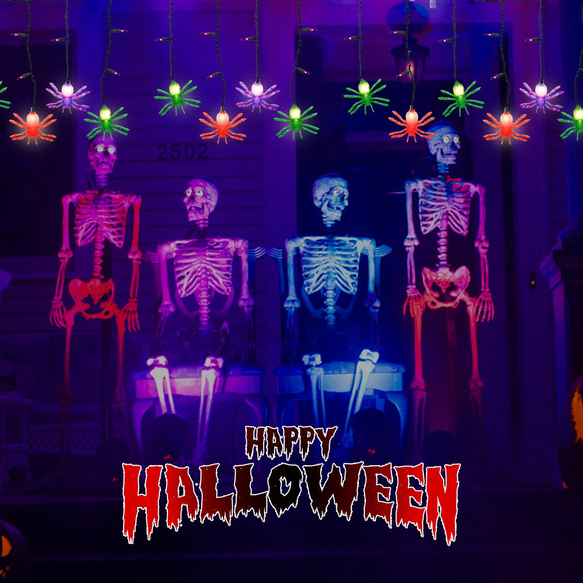 Bokoiuu Halloween Spider Lights 7FT, Spider Curtain Lights with 10 Spider Bulbs and 15 Mini Purple Bulbs, Plug in Hanging String Lights for Halloween Curtain Window Porch Indoor Outdoor Decor