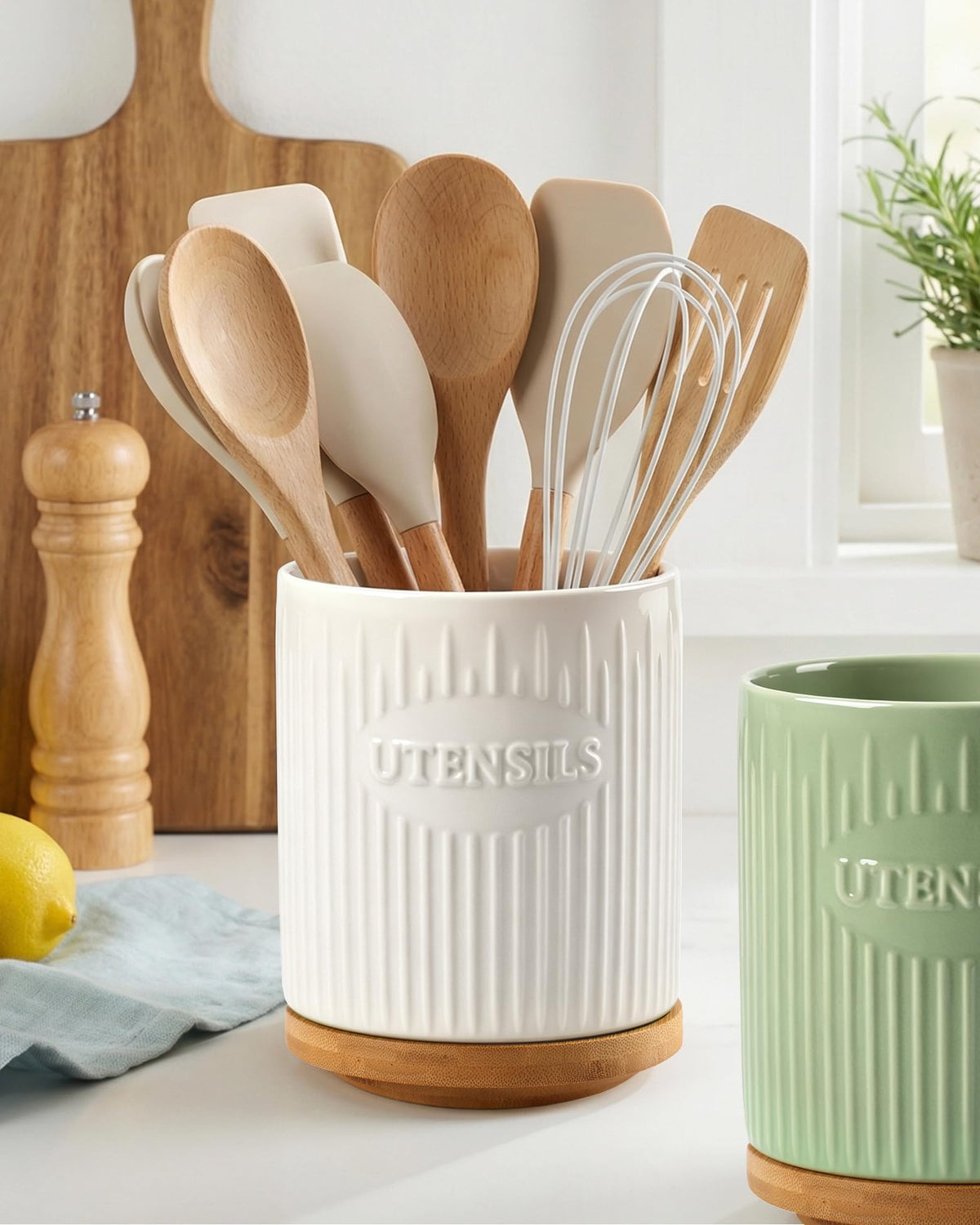QINSDESIGNS 360° Rotating Utensil Holder, 7.6" Large Ceramic Kitchen Utensil Holder for Countertop with Rotatable Bamboo Base, Stable Cooking Utensil Crock, Farmhouse kitchen Decor, White
