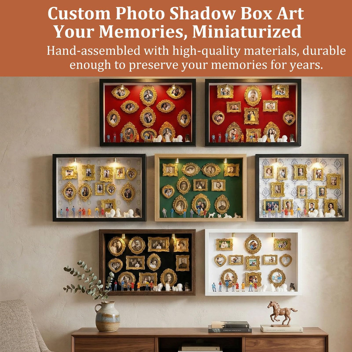 All-in-One DIY Shadow Box Kit,Mini Gold Frames with Museum of Figurines | LED-Illuminated Silhouette Box Memory Collage | Anniversary/Wedding Eco-Friendly Decor Gift (B Style)